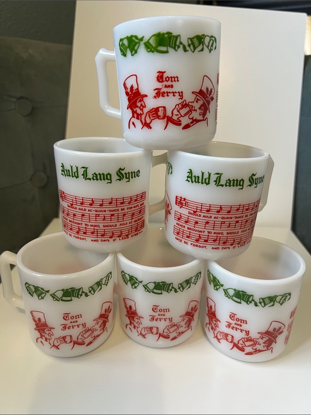 Tom and Jerry Vintage 1950s Hazel Atlas Milk Glass Holiday Punch Cups - 6 cups